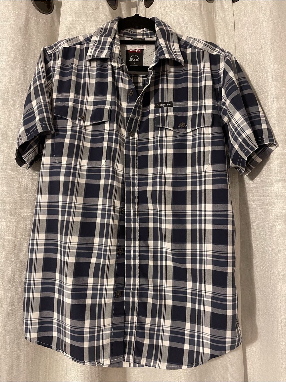 Wrangler Navy and White Short Sleeve Plaid Button-Down Shirt